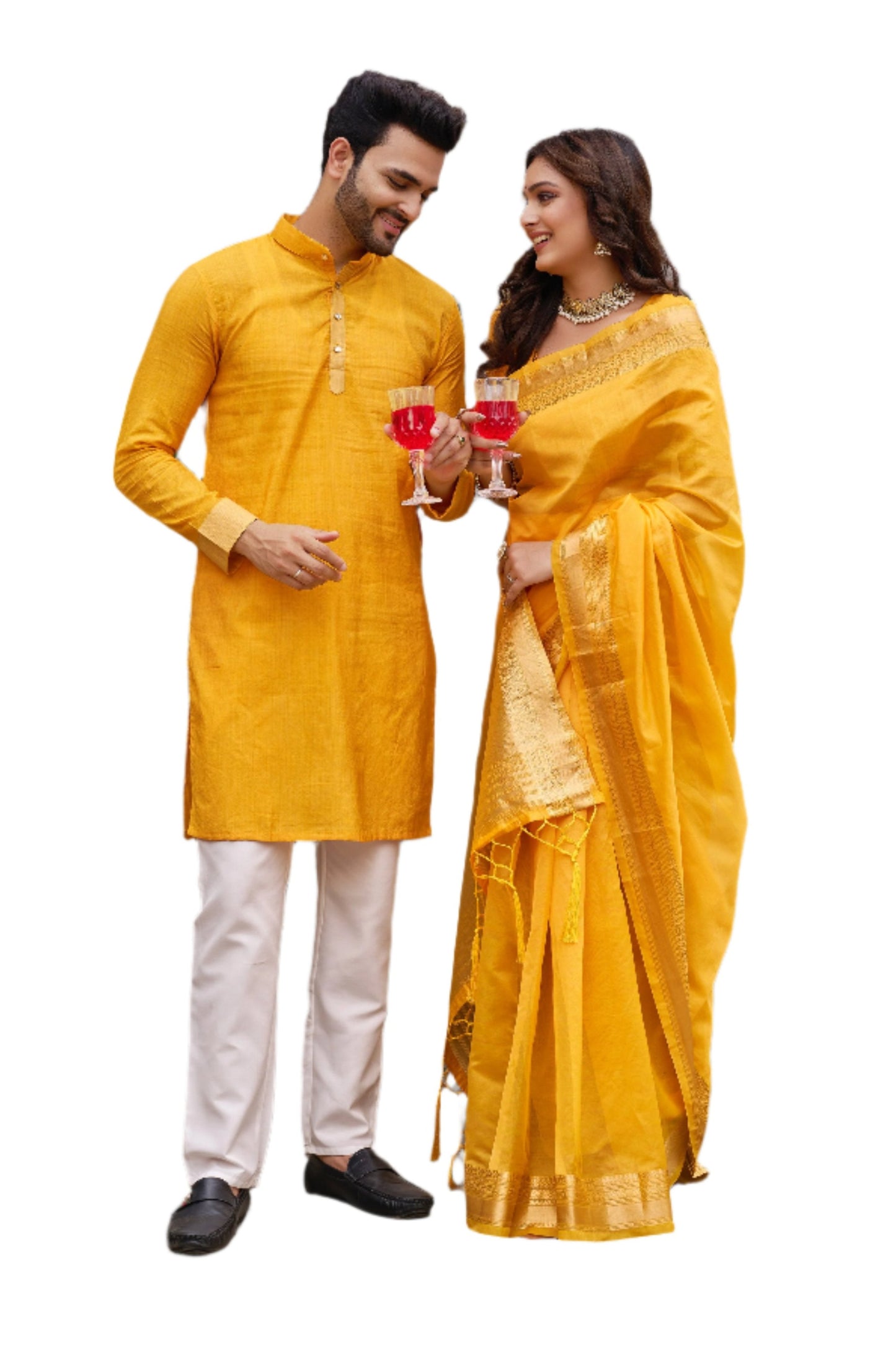 Yellow Silk Couple Wear Saree with Kurta
