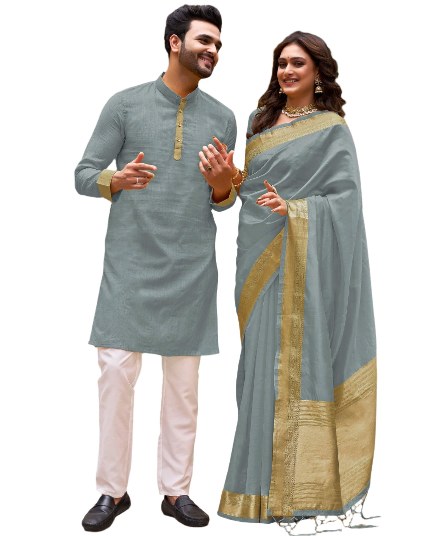 Grey Silk Couple Wear Saree with Kurta
