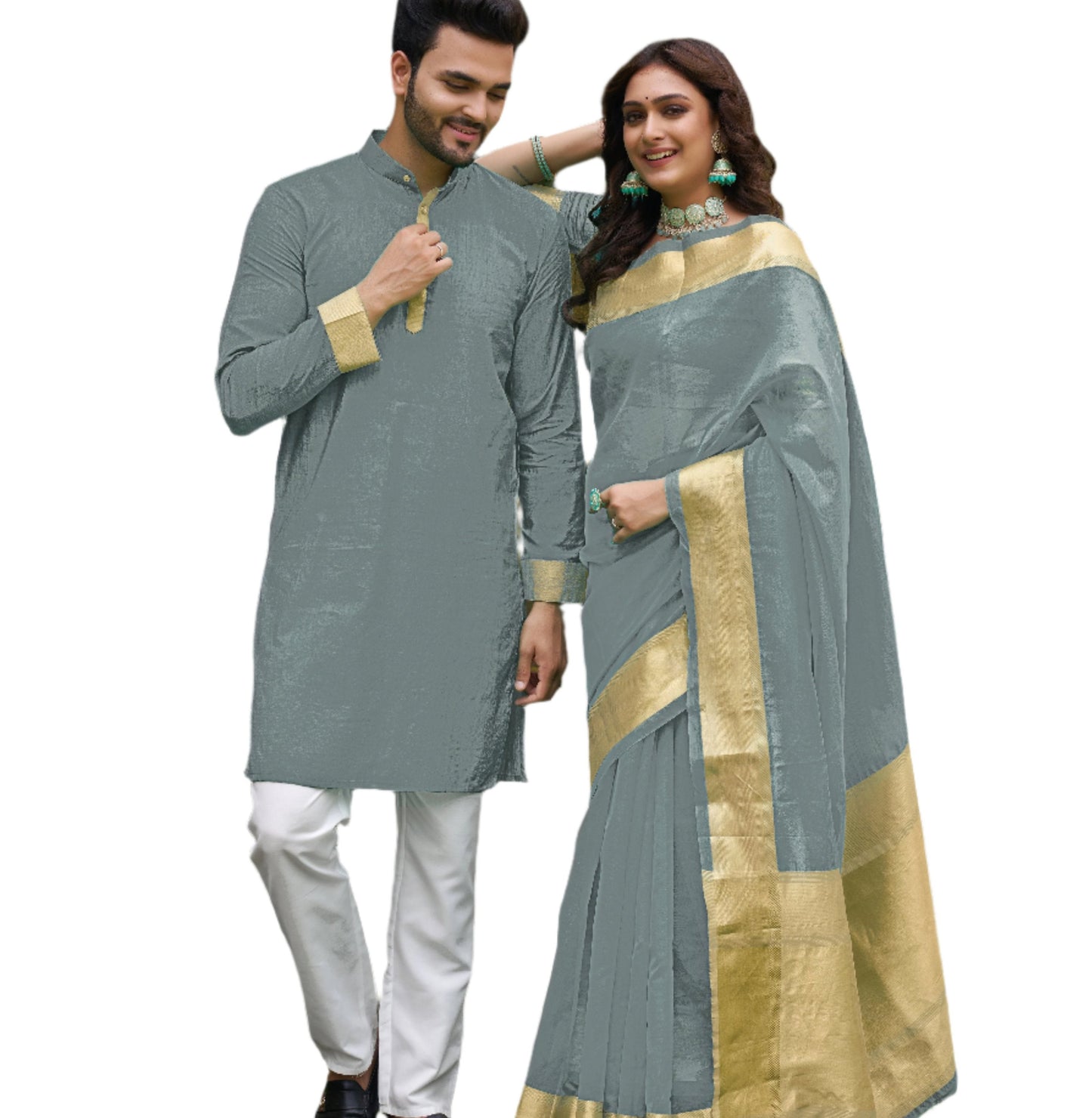 Hunnybunny Grey Silk Couple Wear Saree with Kurta