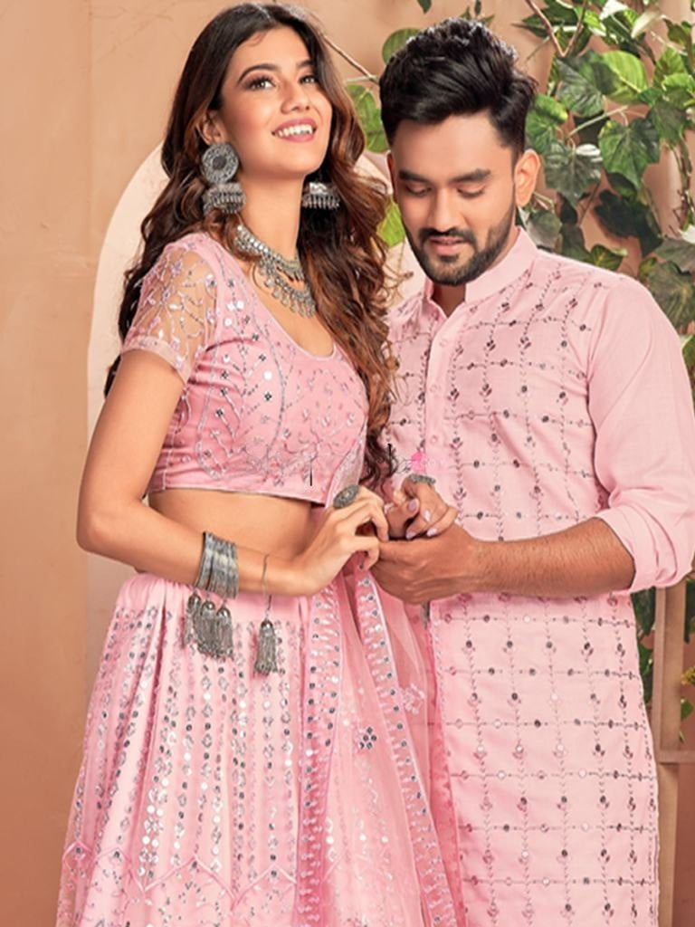 Bubblegum Pink Soft Net Sequins Lehenga Choli or Kurta Couple Set
