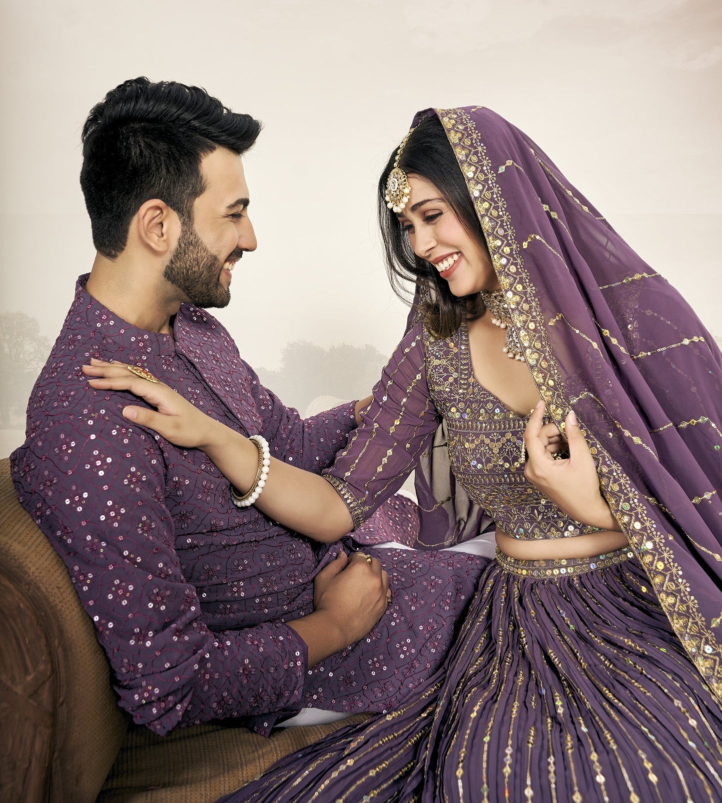 Purple Soft Georgette Embroidered Wedding Wear Couple matching Wear Set outfit
