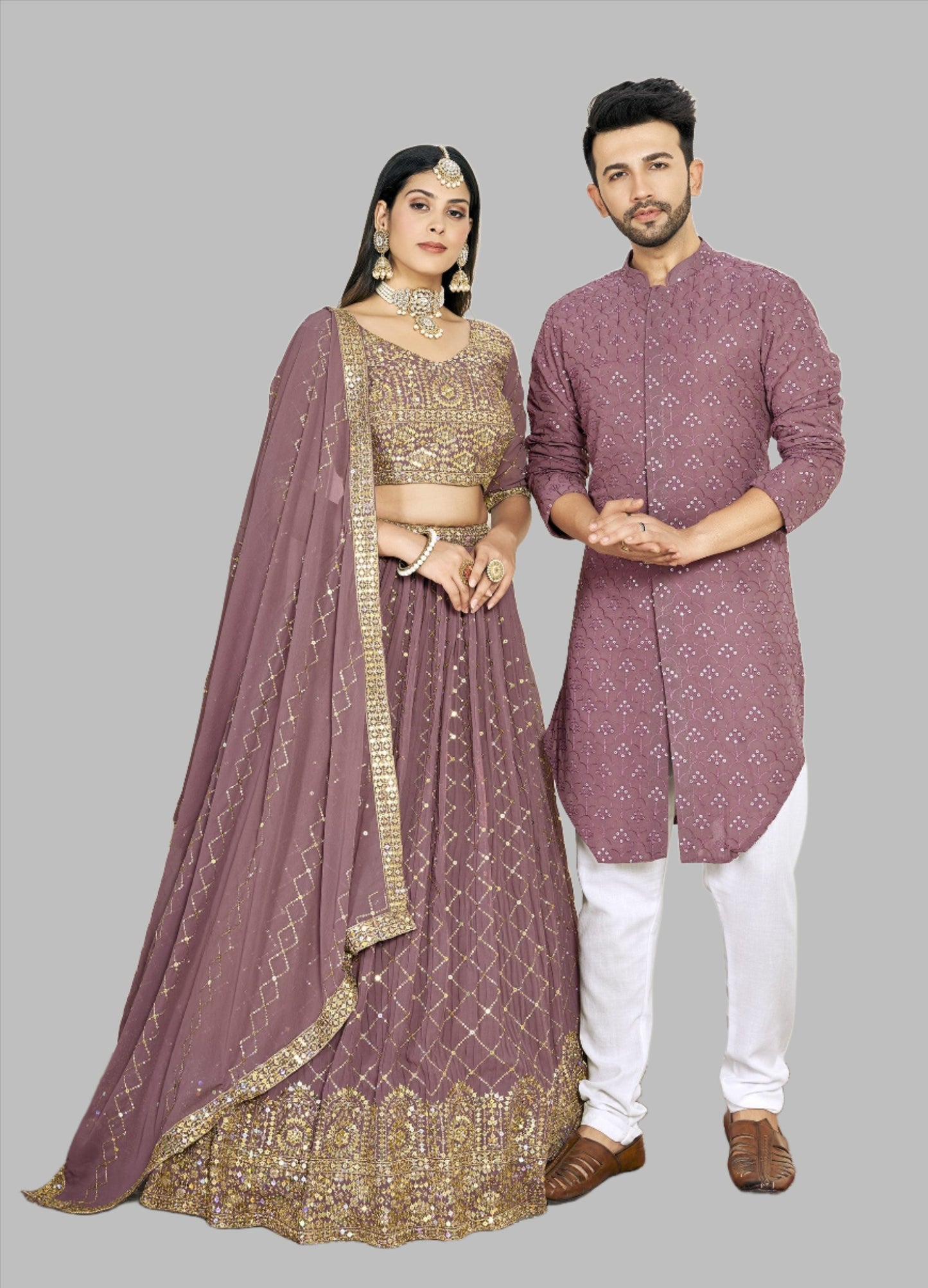 Mauve Soft Georgette Embroidered Wedding Wear Couple Wear Set