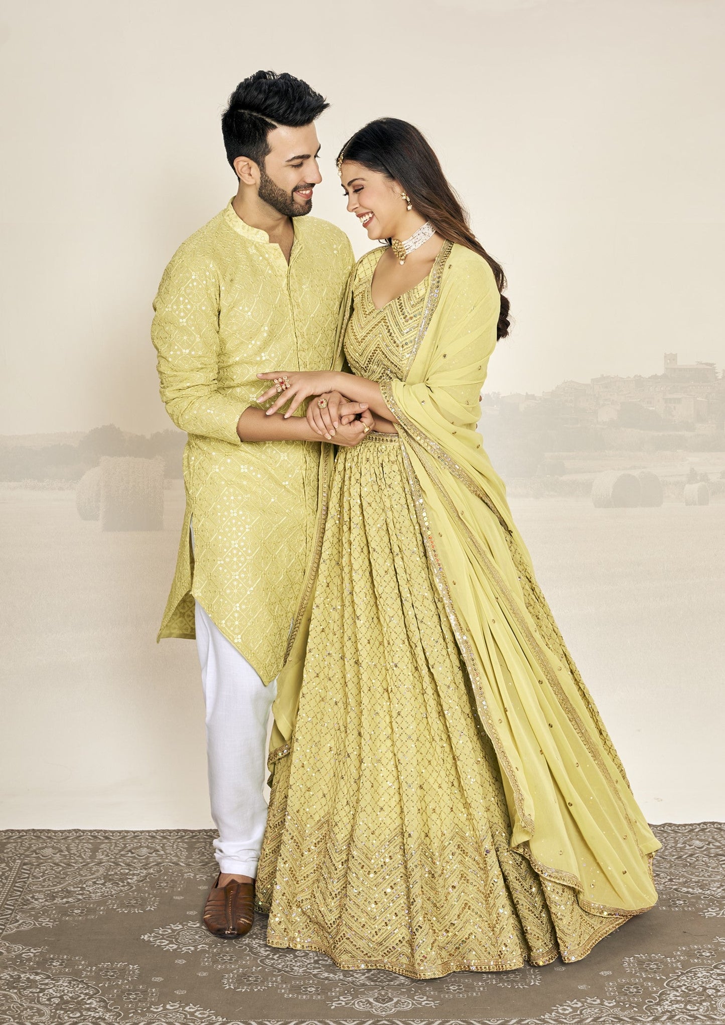 Yellow Soft Georgette Embroidered Wedding Wear Couple matching Wear Set outfit