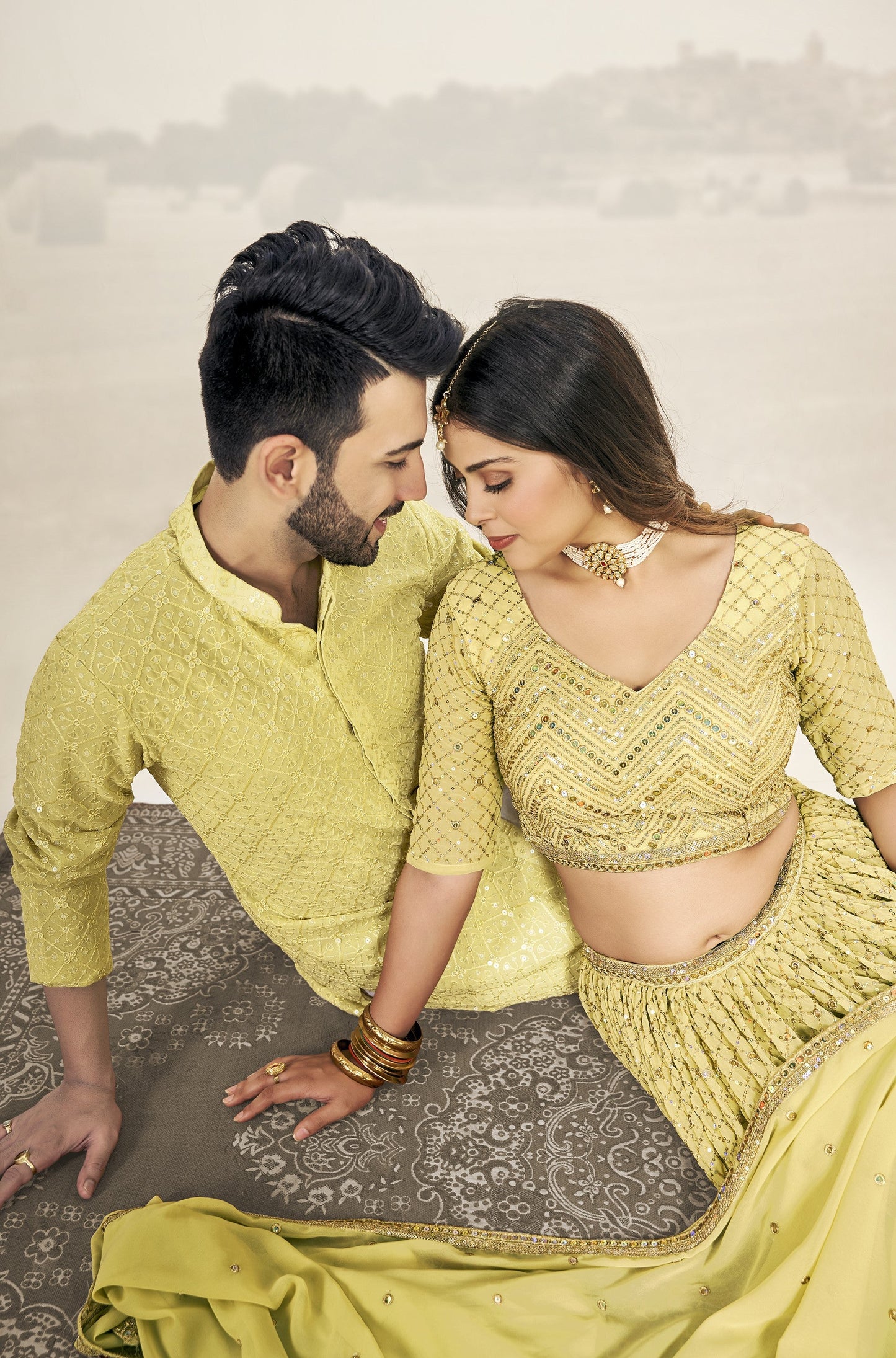 Yellow Soft Georgette Embroidered Wedding Wear Couple matching Wear Set outfit