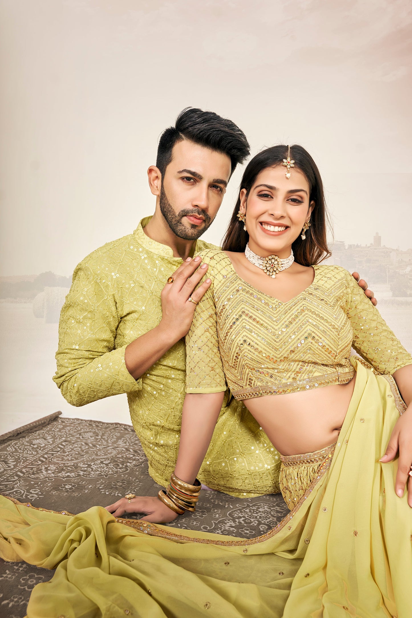 Yellow Soft Georgette Embroidered Wedding Wear Couple matching Wear Set outfit