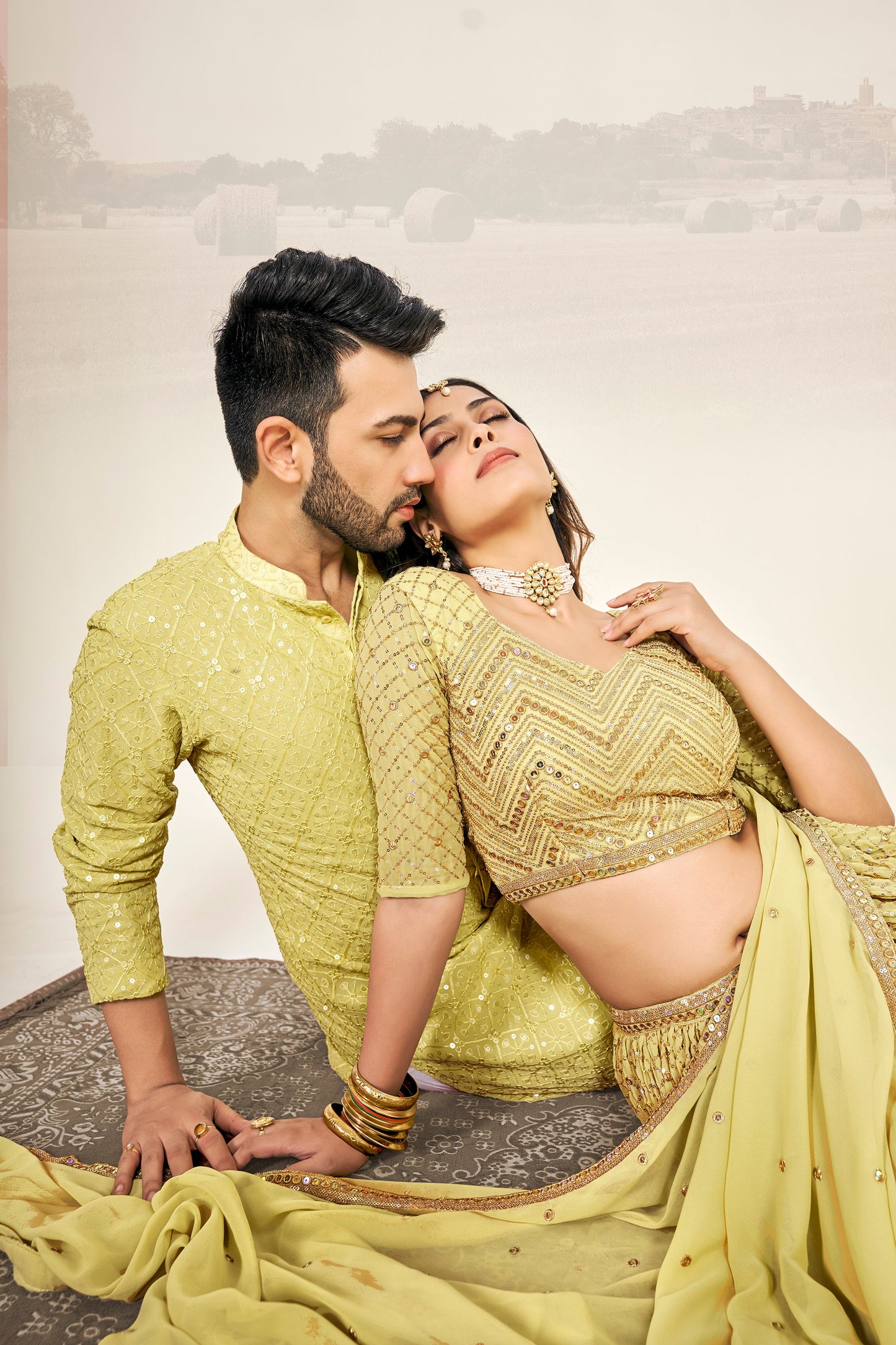 Yellow Soft Georgette Embroidered Wedding Wear Couple matching Wear Set outfit