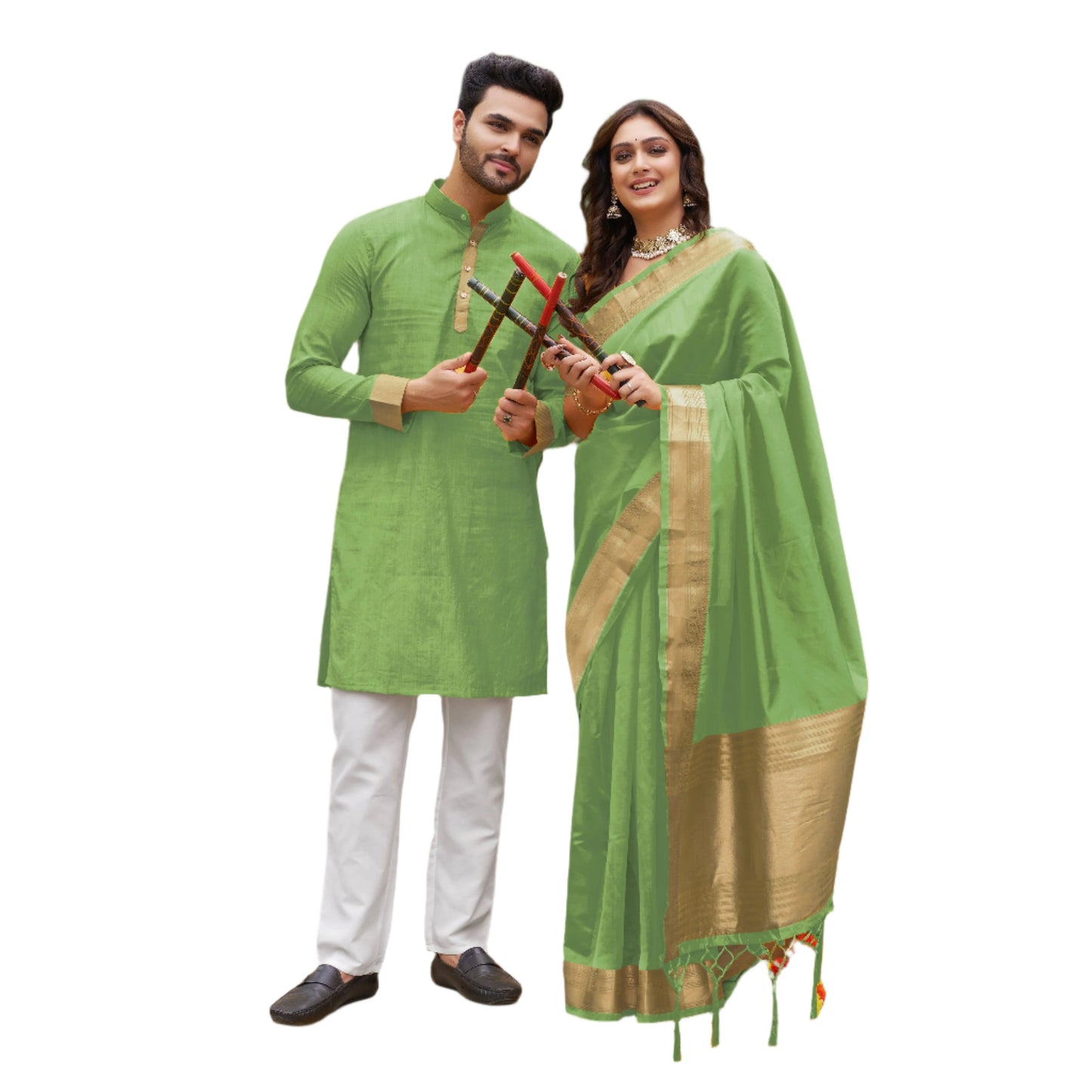 Mehndi Green Silk Couple Wear Saree with Kurta