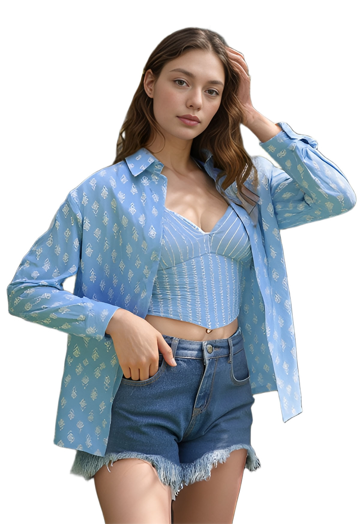 Pavvoin 100% cotton blue shirt and padded bralette combo for women