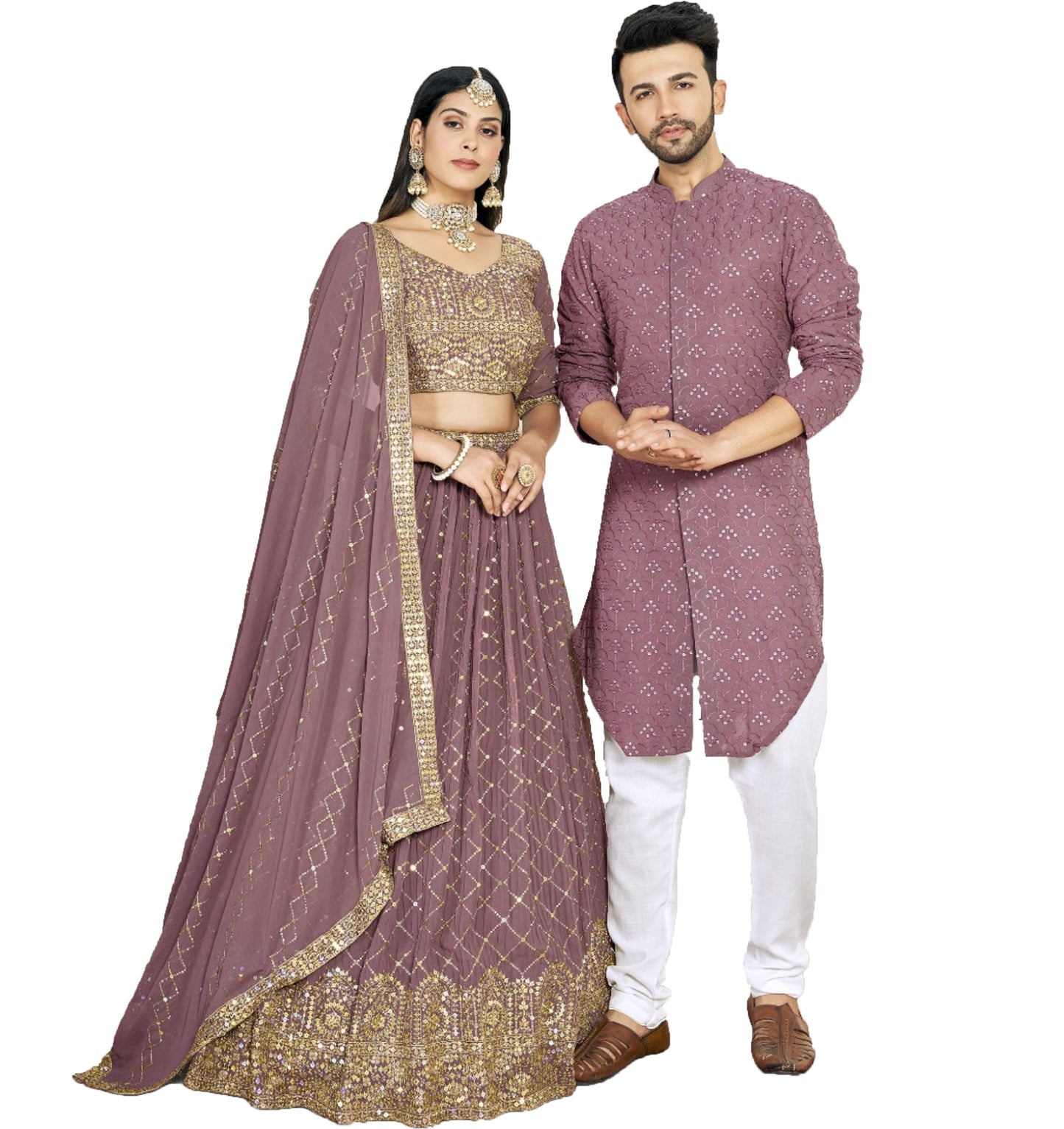 Mauve Soft Georgette Embroidered Wedding Wear Couple Wear Set