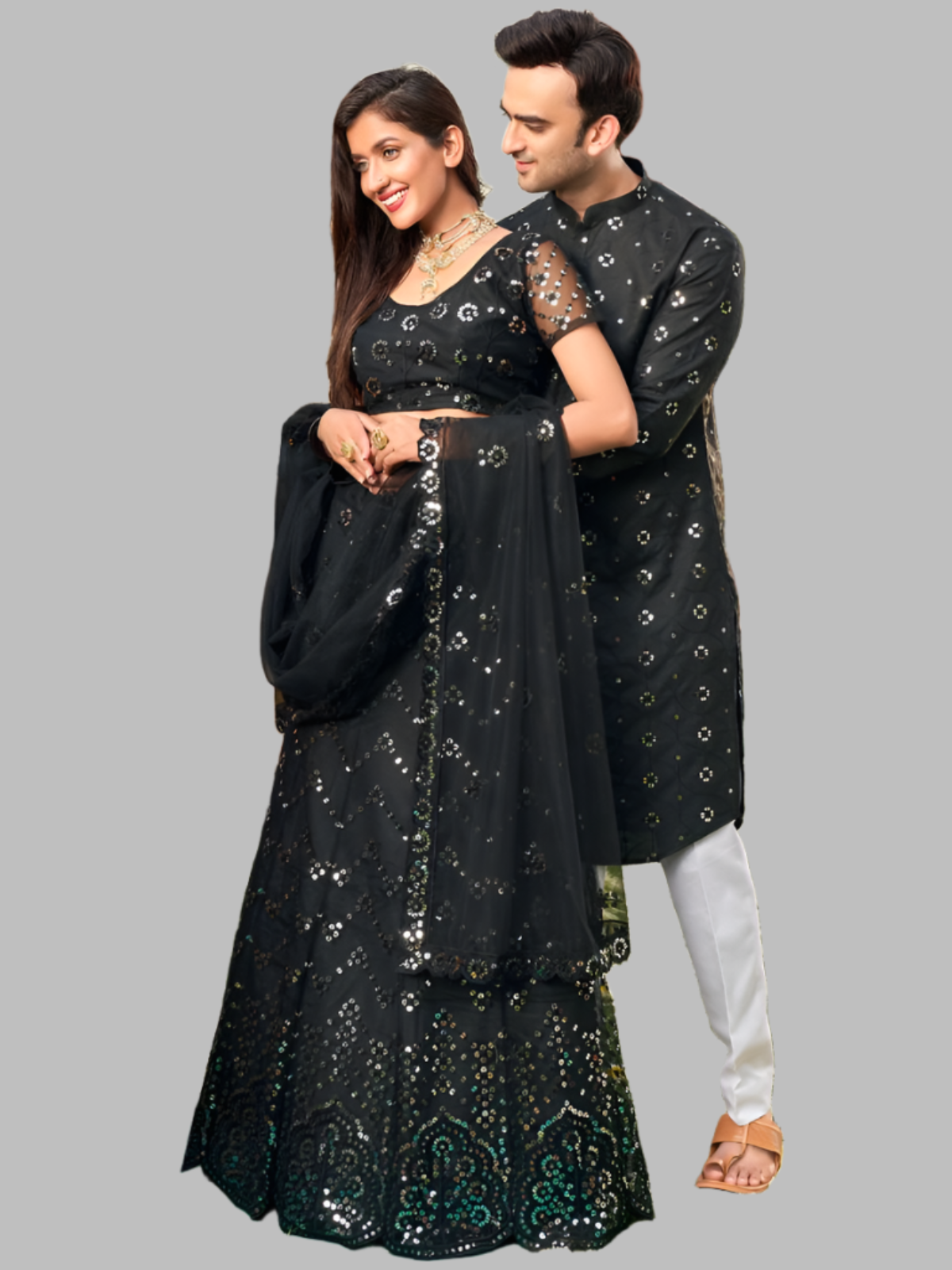 Black Colored Soft Net Sequins Embroidered Couple Wear Set