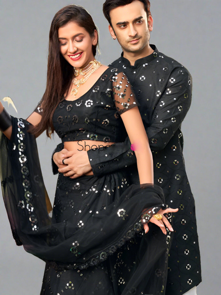 Black Colored Soft Net Sequins Embroidered Couple Wear Set