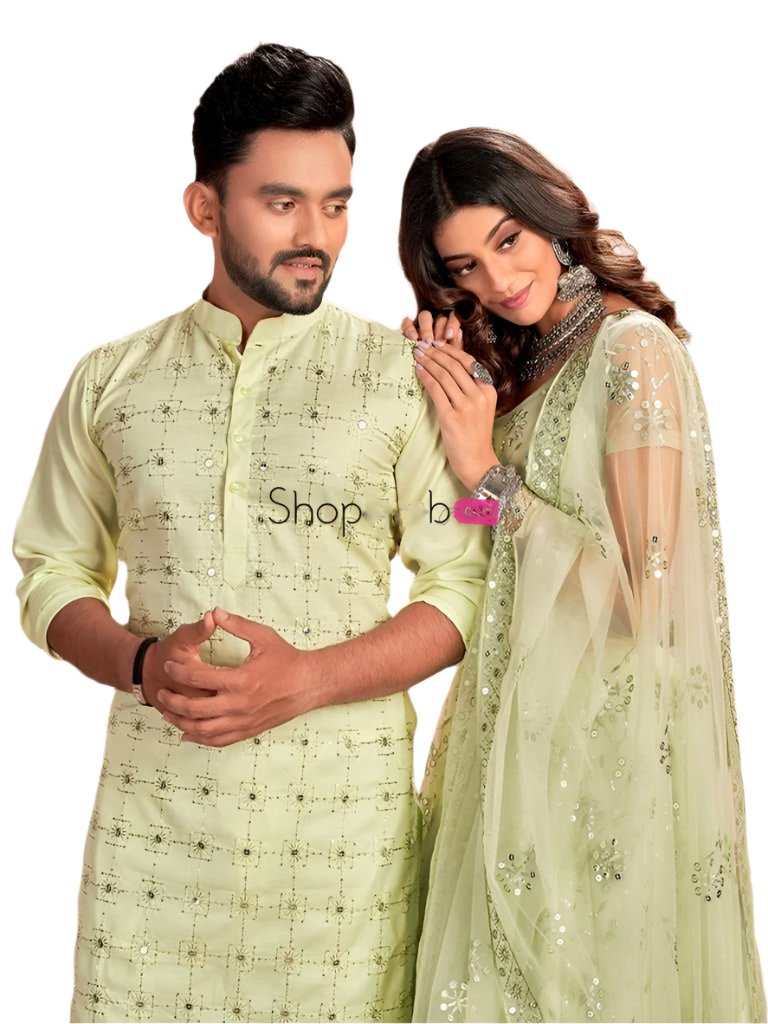 Pista Green Soft Net Sequins Lehenga Choli or Kurta Couple Set