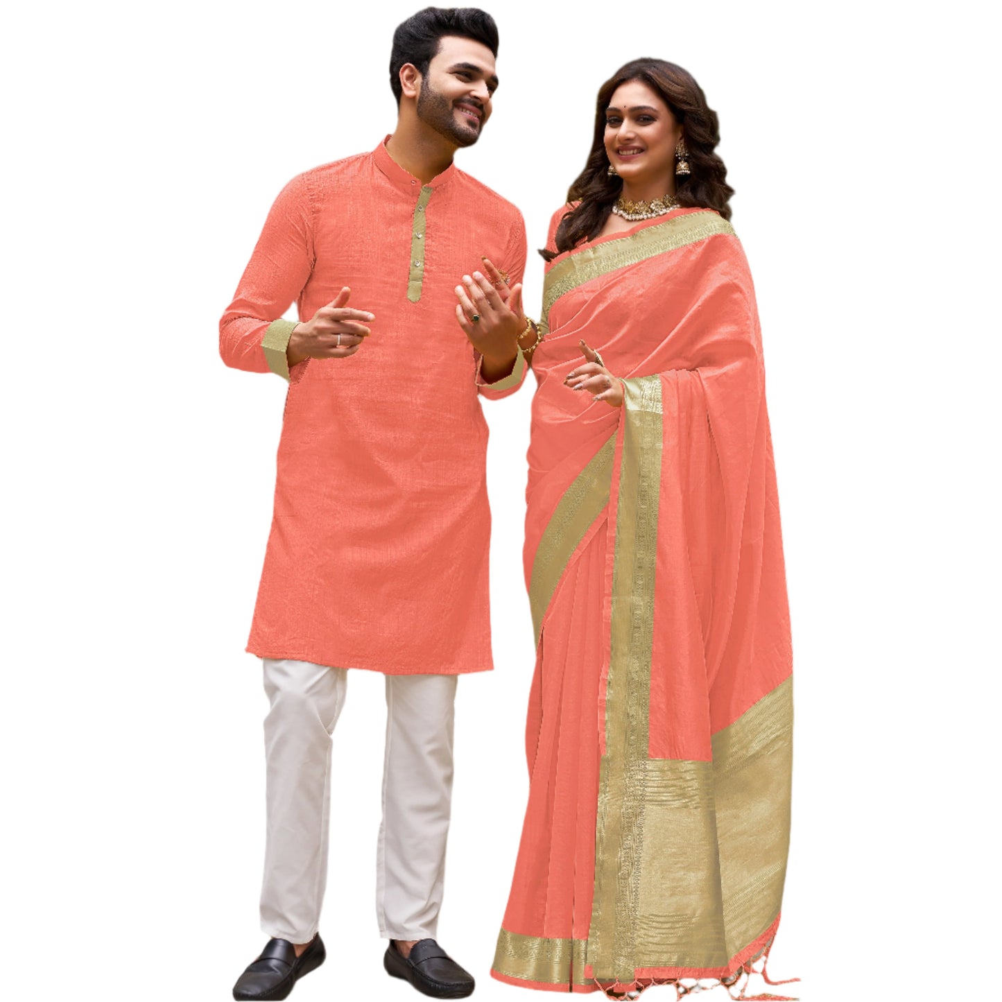Peach Silk Couple Wear Saree with Kurta