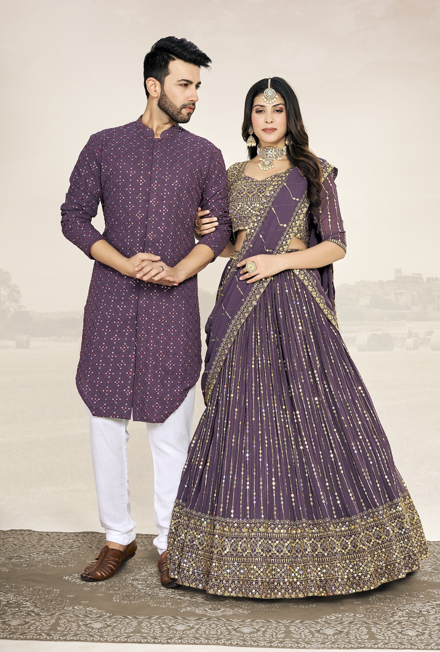 Purple Soft Georgette Embroidered Wedding Wear Couple matching