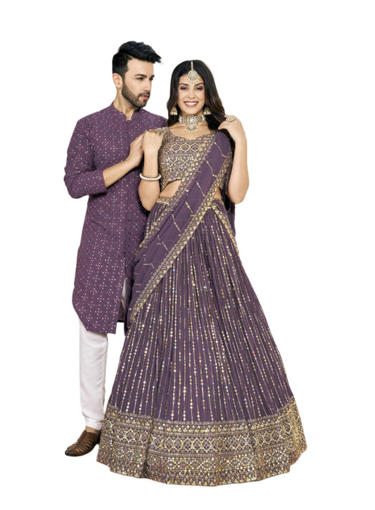 Purple Soft Georgette Embroidered Wedding Wear Couple Wear Set