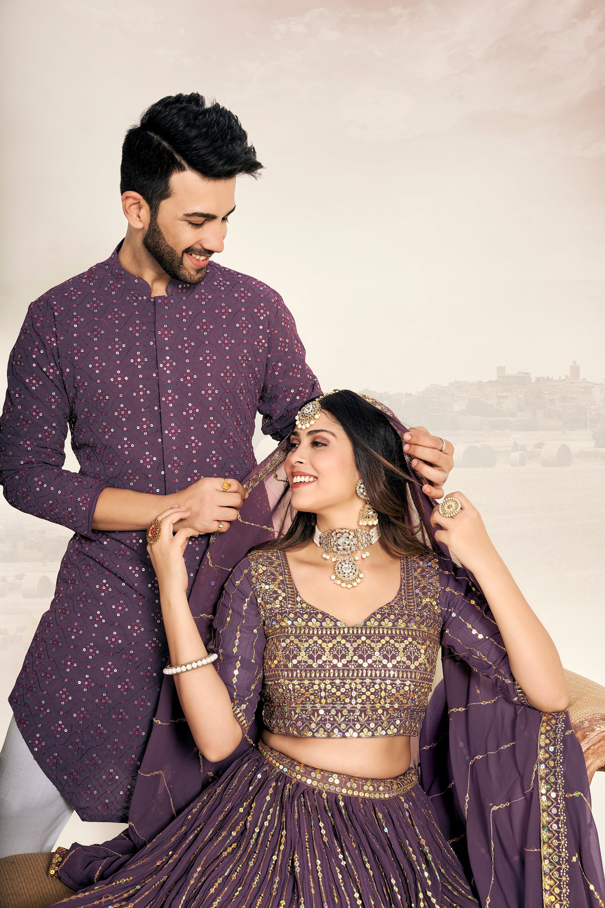 Purple Soft Georgette Embroidered Wedding Wear Couple matching