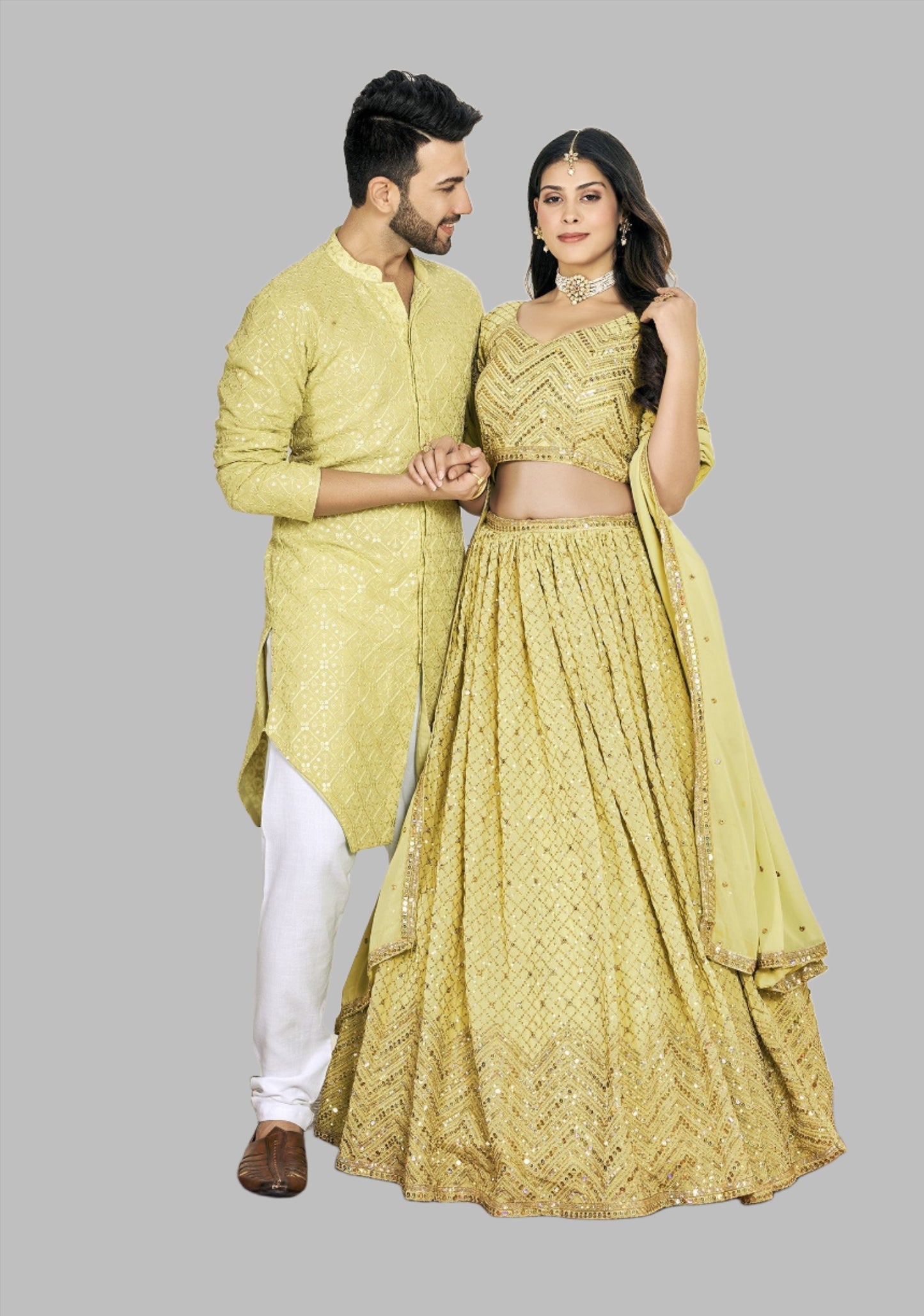Yellow Soft Georgette Embroidered Wedding Wear Couple matching
