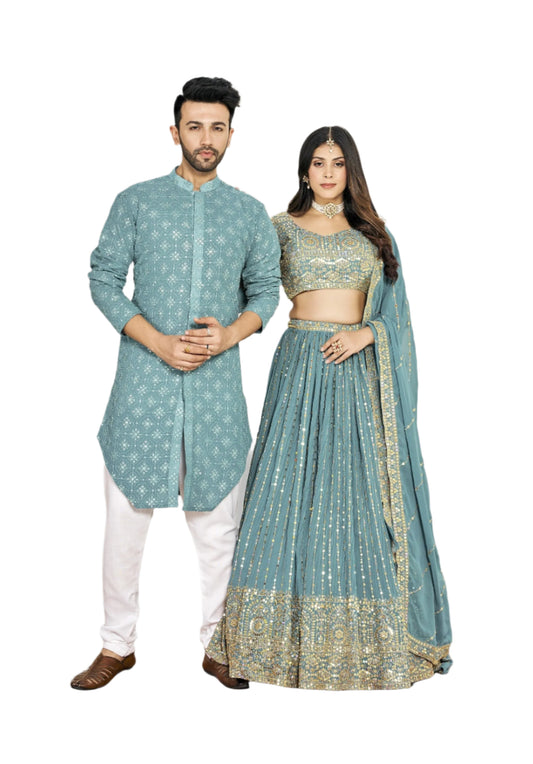 Light Blue Georgette Embroidered Wedding Wear Couple Wear Set