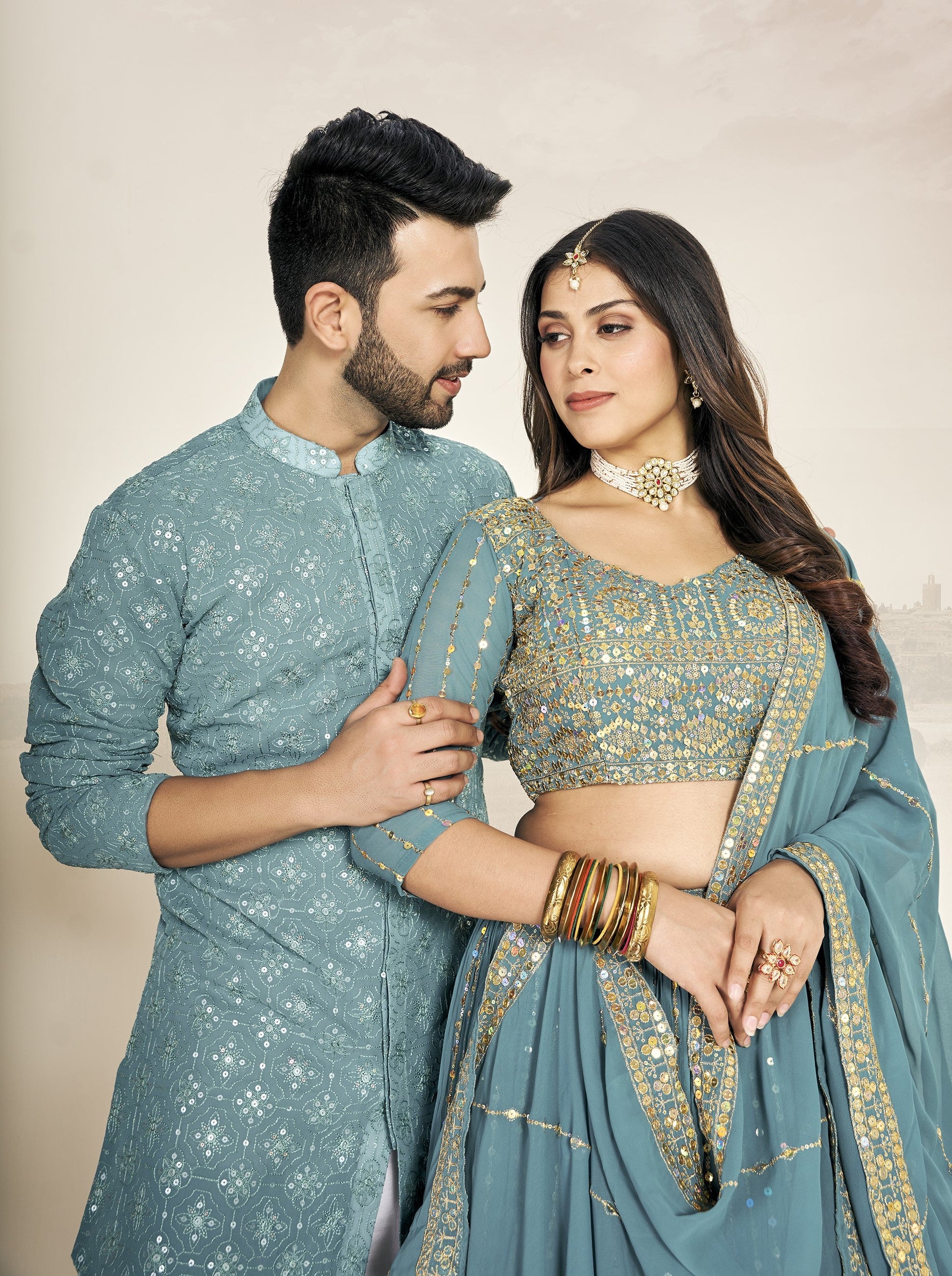Light Blue Soft Georgette Embroidered Wedding Wear Couple matching Wear Set outfit Onesize / XL Light Blue Soft Georgette Embroidered Wedding Wear Couple matching Wear Set outfit Onesize / XL