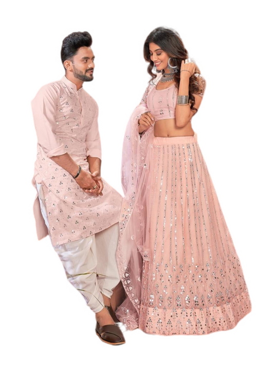 Baby Pink Soft Net Sequins Lehenga Choli or Kurta Couple Set