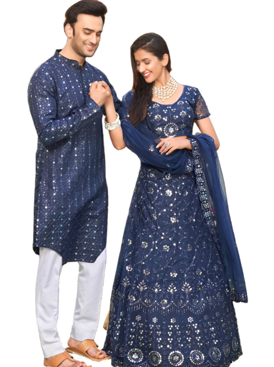 Blue Colored Soft Net Sequins Embroidered Couple Wear Set