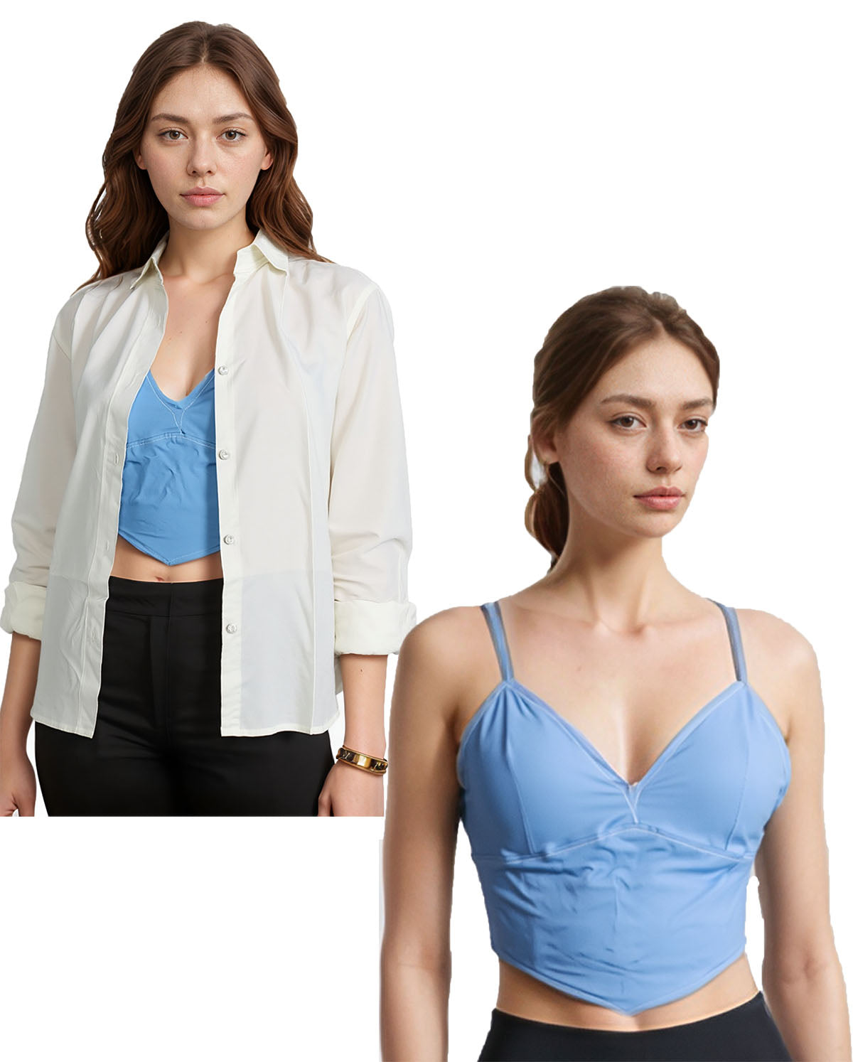 Pavvoin 100% premium organic bamboo cotton antibacterial white and blue shirt and padded bralette combo for women