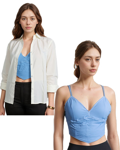 Pavvoin 100% premium organic bamboo cotton antibacterial white and blue shirt and padded bralette combo for women