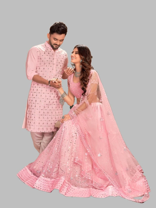 Bubblegum Pink Soft Net Sequins Lehenga Choli or Kurta Couple Set