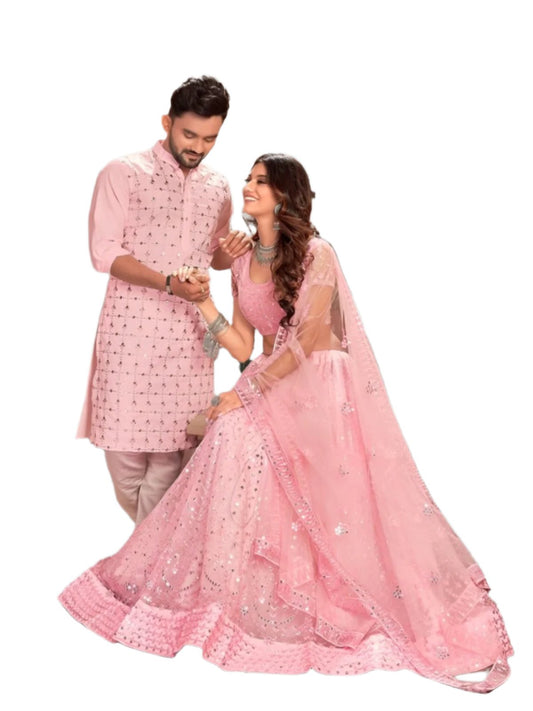 Bubblegum Pink Soft Net Sequins Lehenga Choli or Kurta Couple Set