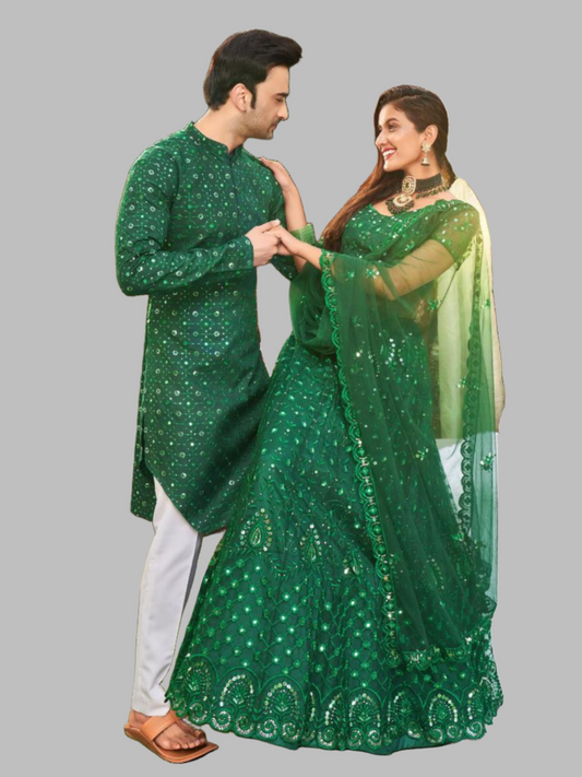 Green Colored Soft Net Sequins Embroidered Couple Wear Set
