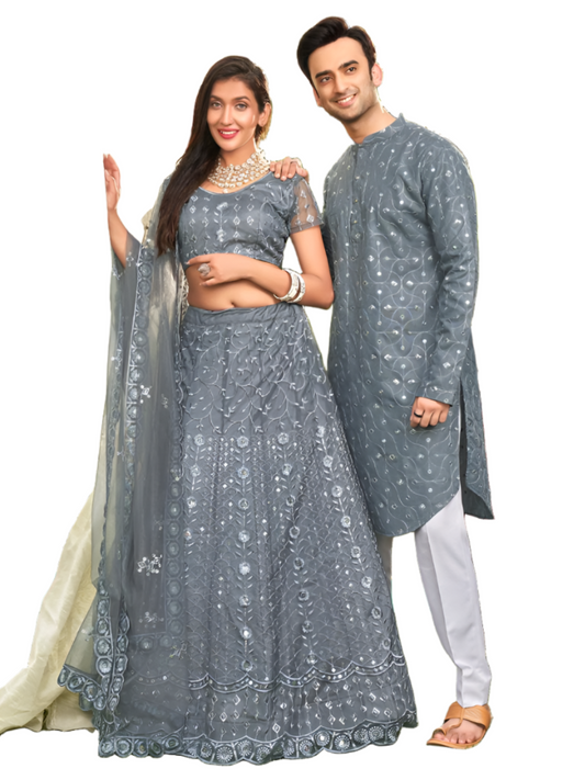 Grey Colored Soft Net Sequins Embroidered Couple Wear Set