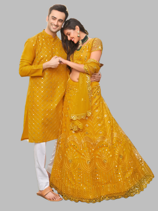 Yellow Colored Soft Net Sequins Embroidered Couple Wear Set